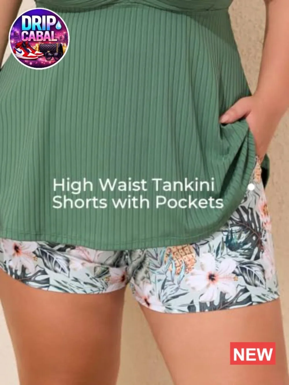 Plus Size Tankini Two Piece Bathing Suit with Pockets Shorts Tummy Control